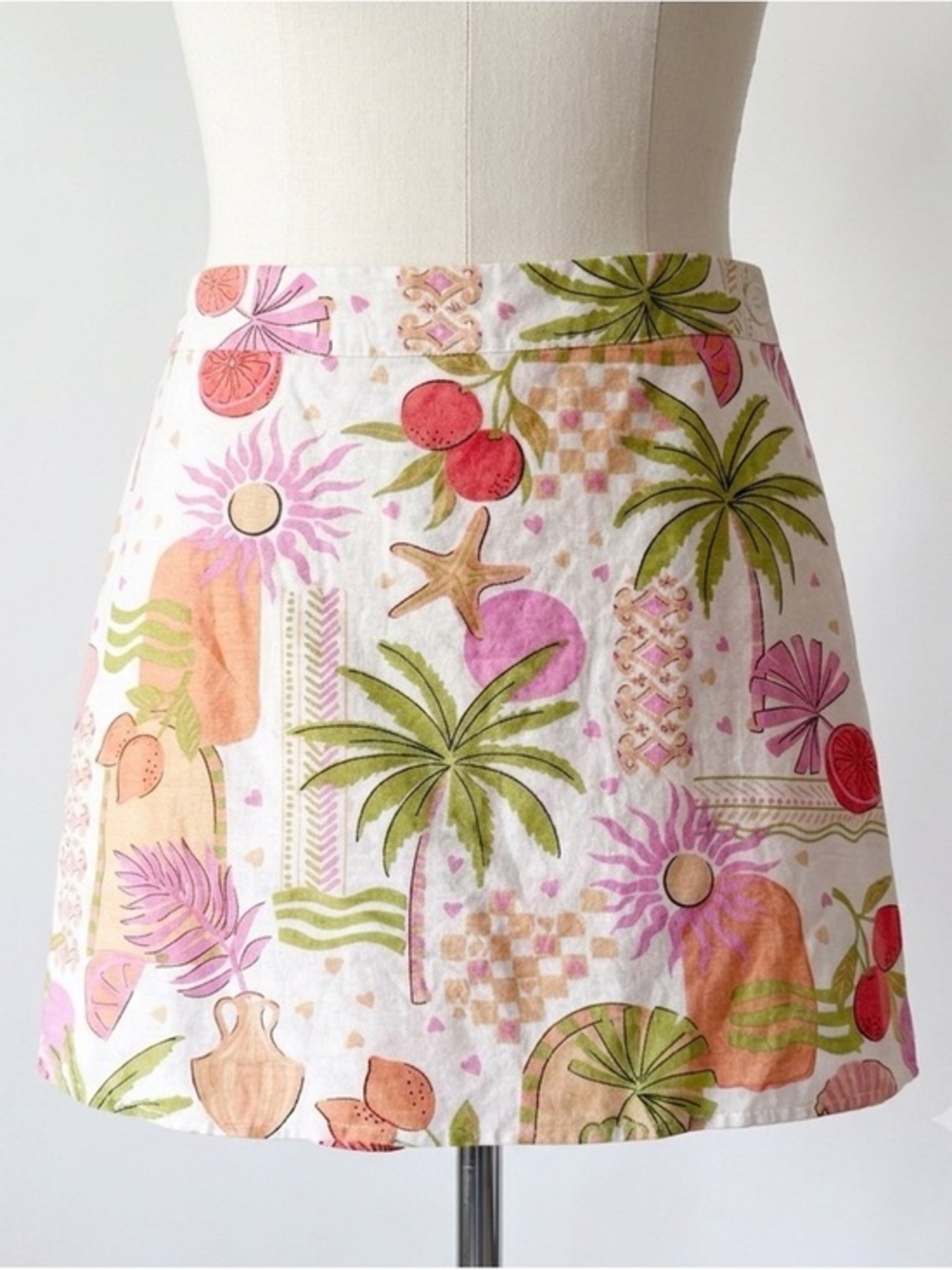 Midnight Sky Tropical Faux Wrap Skirt Size Large Linen Blend Mini Palm Tree Sun